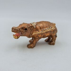 Enameled Hippopotamus Hippo Trinket Ring Box Crystals 3-1/2” Rhinestones